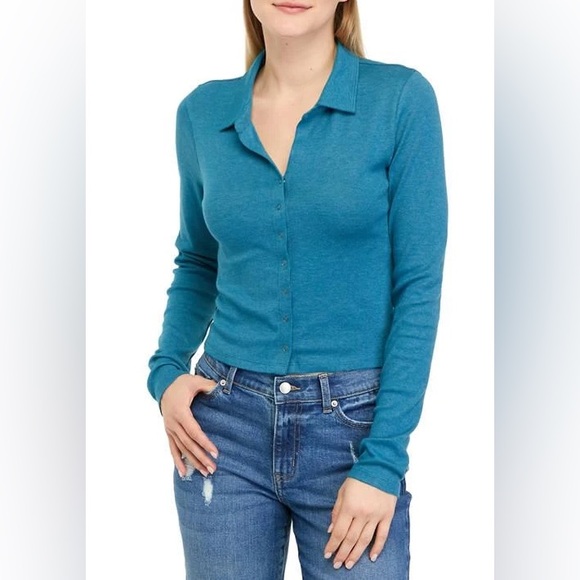 Teal Long Sleeve Button-Up Top - Picture 4 of 13